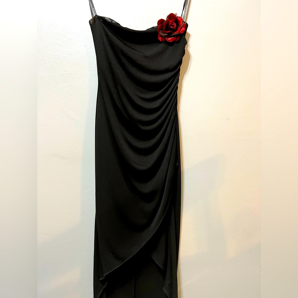 Rampage Black strapless evening dress with red flower.